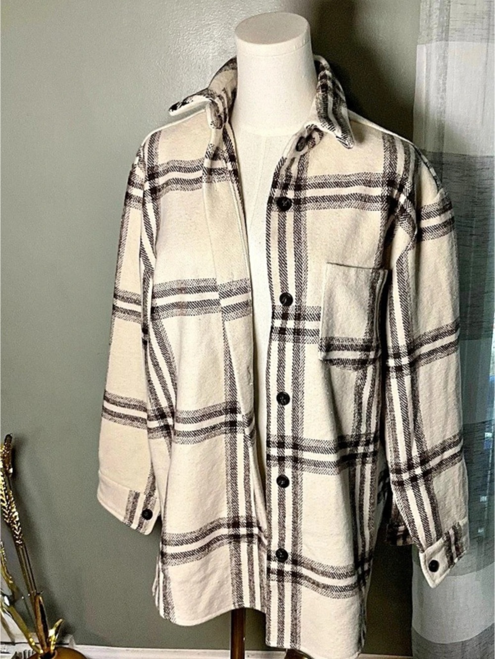 Princess Polly Hatcha Shirt Cream Plaid Overshirt Cream & Black XL